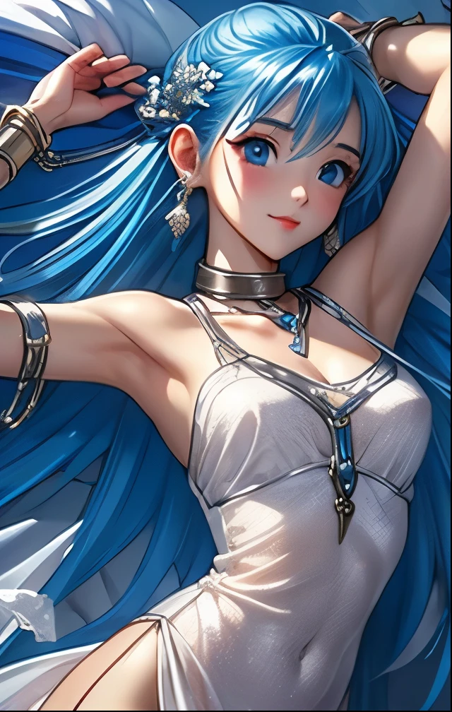 (((SFW、Highest quality、 first class masterpiece 、 Normal Body 、32k、 detailed face 、super precise、 normal hand、5refer to、Highest))) flora、"Dorakue characters"、beautiful girl、Blue and silver hair、Glowing Hair、beautiful breasts、slender、 slim、Petite、 can be used、masochist、Blushing Embarrassingly、watery eyes、White Ultra Thin Erection Nipple See-Through Nightgown、See-through skin、A figure suitable for a sex slave、Slave Iron Collar with Chain Lead、The Fall of Slaves、bedroom、A lot of chains、Chain Bondage 、lie on your back、Pushed down