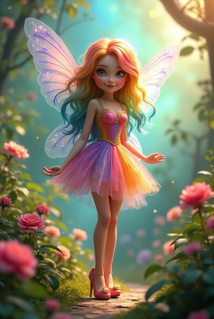 A flower fairy with brown curly hair wearing a pink dress made of flowers and sparkling wings.. She stands in a field surrounded by butterflies..