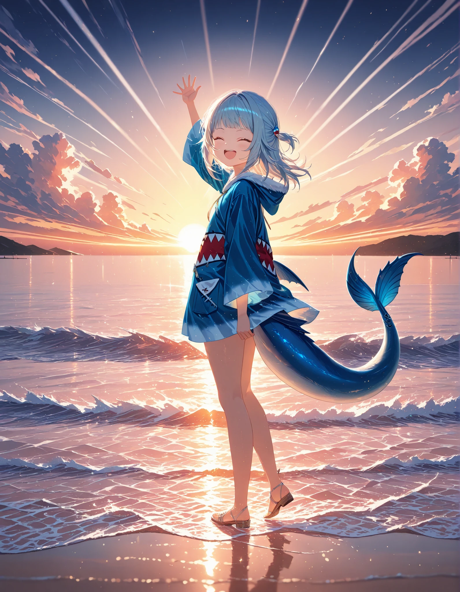 (fantasic illustrations),evening,sunset,beautiful ocean,dramatic lighting,backlit,1girl,solo,from side,looking at viewer,fullbody shot,(Gawr Gura),big smile,closed eyes,wide open mouth,tail fin,waving at viewer,((masterpiece, best quality, extremely detailed, absurdres)),