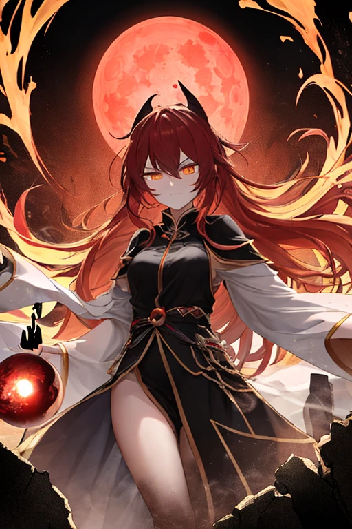 (fire queen, long hair, red hair, glowing hair, glowing eyes, serious face), sitting, open legs, sexy, looking at you
