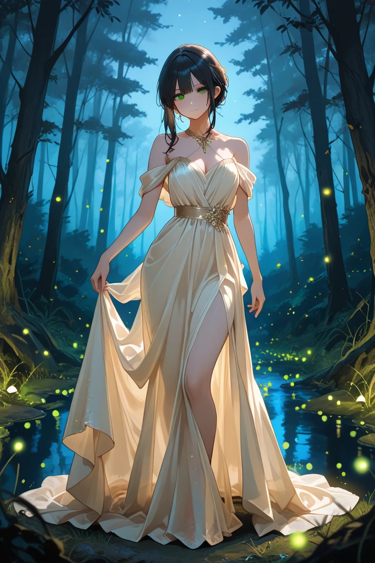 req:(majestic beauty:1.15), (hyperdetailed:1.1), (alluring curves:1.2), (enchanting eyes:1.2), (flowing dark locks:1.1), (elegant robe:1.2), (subtle sensuality:0.85), (mesmerizing presence:1.1), moonlit terrace, cascading vines, holding a glowing lantern, mysterious night.