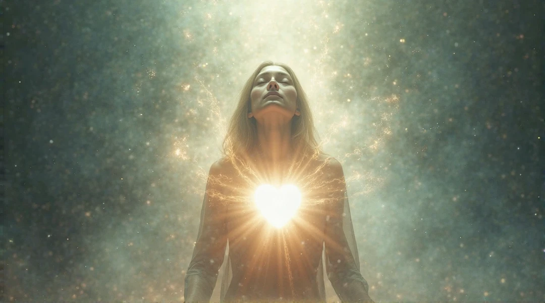 A realistic woman creating a powerful heart brain coherence within her forming an electromagnetic field around her entire body, full body portriat
