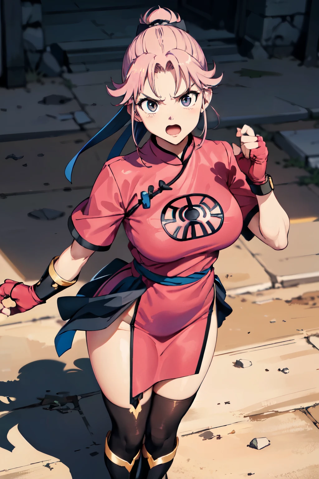 (masterpiece , best quality:1 . 1) , oh dear , Dragon Quest , 1 girl , solo , Watch Viewers , no background , white background , short hair , pink hair , party bang , ( buncover , :1 . ellow Ime , fingerless gloves , pink gloves , Chinese clothes , pink dress , ribbon , black stockings , long boots , elegant standing , Female Curves , standing , punching , Satu Pose , angry , From the above , cowboy shot