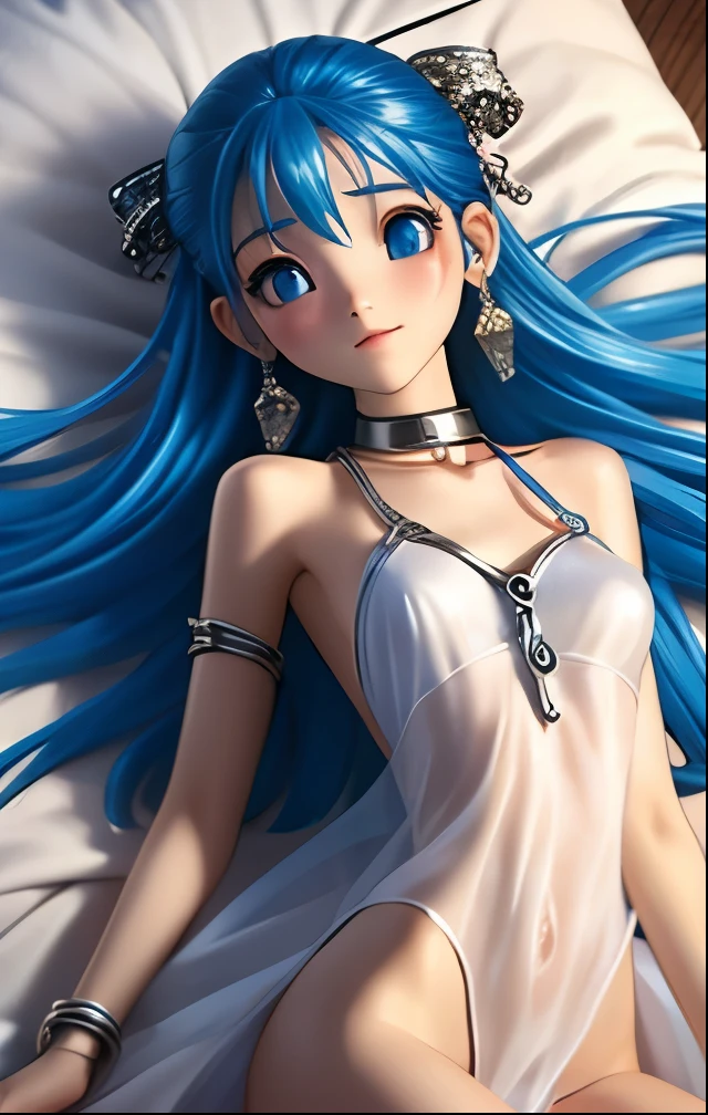 (((SFW、Highest quality、 first class masterpiece 、 Normal Body 、32k、 detailed face 、super precise、 normal hand、5refer to、Highest))) flora、"Dorakue characters"、beautiful girl、Blue and silver hair、Glowing Hair、beautiful breasts、slender、 slim、Petite、 can be used、masochist、Blushing Embarrassingly、watery eyes、transparent ultra-thin erectile nipples see-through nightgown、See-through skin、A figure suitable for a sex slave、Slave Iron Collar with Chain Lead、The Fall of Slaves、bedroom、A lot of chains、Chain Bondage 、lie on your back、Pushed down