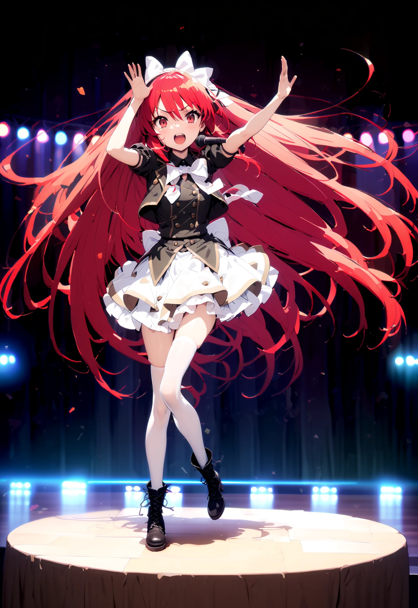 , very long hair, red hair, red eyes, stupid hair, small ,idol costume, dress,collared dress,jacket,cropped jacket,Short sleeve,bowtie,bow,button, are on top of the decoration ,standing,Dancing,(white thigh knee-highs:1.2),boots,アイドルsingerがライブ ステージで熱狂的に歌うシーンのillustrations,アイドルsingerが ステージ中央にstanding, An idol singer sings with a microphone , The idol singer is serious and impressive ,singer'The voice is powerful and beautiful . , fans gather around the stage , ファンが歌って踊る アイドルsinger アイドルsingerが何かをする ,The Big Picture, Various colored lights ,full bodyがillustrationsに入るように,break indoors, Concert Hall,
break looking at viewer,full body,
break (masterpiece:1.2), best quality, high resolution, unity 8k 壁紙, (illustrations:0.8), (later:1.6), Highly Detailed Face, so that it fits into the illustrations, Highly Detailed CG,full body photo, (perfect hand in h, perfect anatomy),