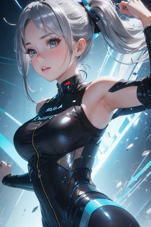 ((masterpiece)),super high image quality,Curly high ponytail girl,Gray hair,cyber punk style,Petite figure,ssmile,dynamicposes,golden section,The lens highlights the focus,largeaperture,Side light effect,white backgrounid,Clear details,Bright tones,Very graphic impact,The brush is clear,A half body,Full of detail,Vivid eyes,浴室。
