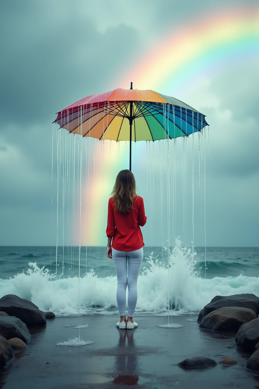 araffe woman in yellow raincoat holding colorful umbrella on beach, girl in raincoat, standing in the rain, pretty girl standing in the rain, holding a umbrella, holding umbrella, holding an umbrella, rainy mood, colorful umbrella, umbrella, rainy day, holding red umbrella, single person with umbrella, under rain, on a rainy day, rainy day outside