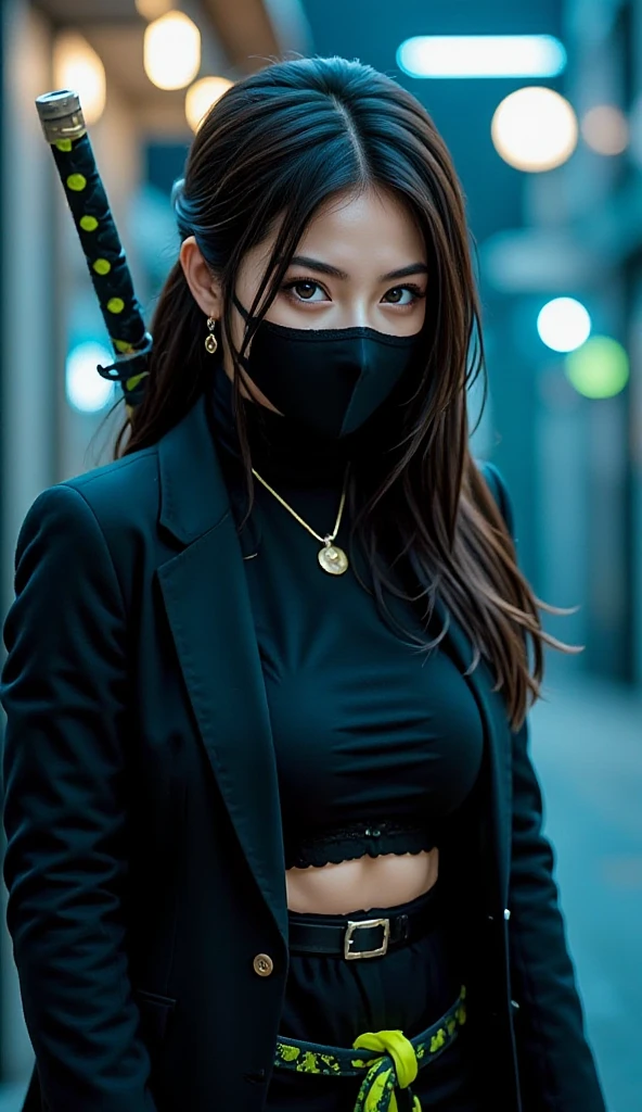 ((Ninja 1.3)),After the battle,(Torn Costume),Photo Real, whole body,mask, or period,Background Sen, Highest quality, Ultra-high resolution, depth, pastel colour, Natural Shading、Long Hair, Black Hair, Brown, narrow eyes, Black Dress, gloves, Anatomically correct,night,city,Moving in motion