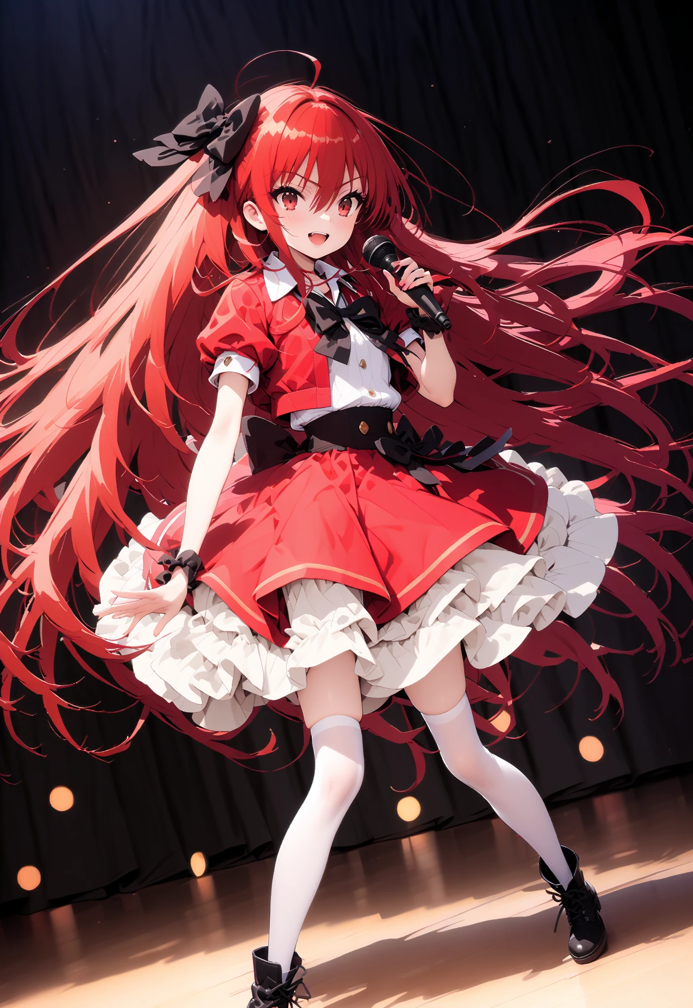 , very long hair, red hair, red eyes, stupid hair, small ,idol costume, dress,collared dress,jacket,cropped jacket,Short sleeve,bowtie,bow,button, are on top of the decoration ,standing,Dancing,(white thigh knee-highs:1.2),boots,アイドルsingerがライブ ステージで熱狂的に歌うシーンのillustrations,アイドルsingerが ステージ中央にstanding, An idol singer sings with a microphone , The idol singer is serious and impressive ,singer'The voice is powerful and beautiful . , fans gather around the stage , ファンが歌って踊る アイドルsinger アイドルsingerが何かをする ,The Big Picture, Various colored lights ,full bodyがillustrationsに入るように,break indoors, Concert Hall,
break looking at viewer,full body,
break (masterpiece:1.2), best quality, high resolution, unity 8k 壁紙, (illustrations:0.8), (later:1.6), Highly Detailed Face, so that it fits into the illustrations, Highly Detailed CG,full body photo, (perfect hand in h, perfect anatomy),