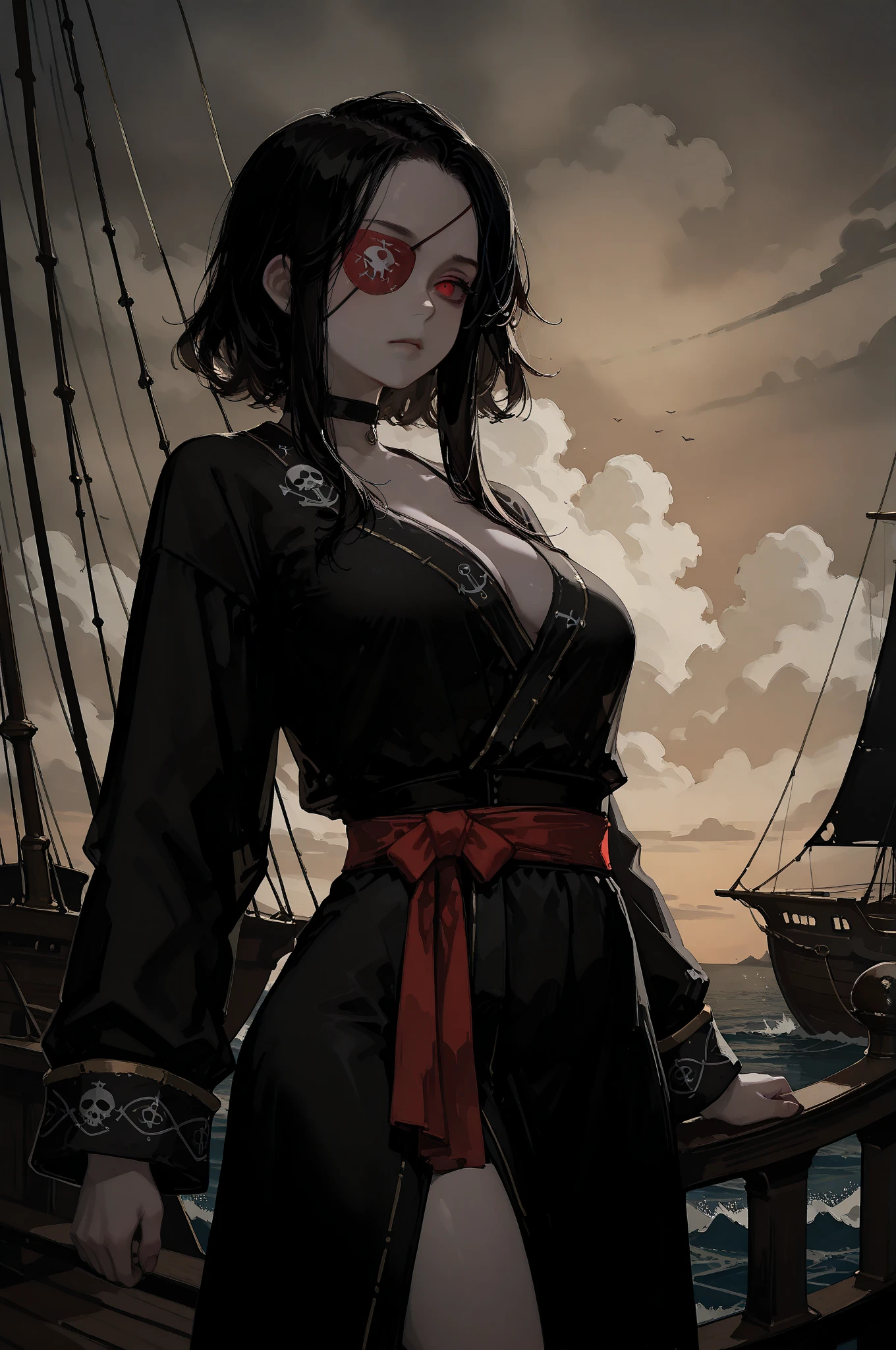 medieval setting, full view of body, 1 skinny female with large breast, beatiful smokey green eyes, black hair pinned up, off-shoulder midi dress, red scarf around her neck, eerie sunset
