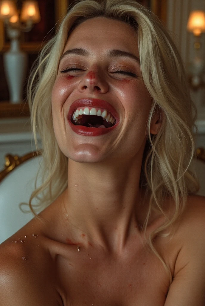 closeup of a female teen’s face wearing red lipstick, mouth very wide open and smiling, eyes closed, naturally blonde hair, wearing strapless bra, viewed from above