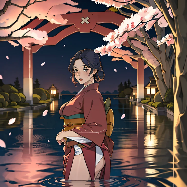 (((Ultra-high resolution))), (((Naoha Kiritani))), masterpiece, Highest quality, detailed, (1 girl), alone, (超detailed黑眼睛, short hair, Persistence: 1.2), Stay close to the audience, (Sexy nudes), (The shape of the nipples is clearly visible), (The shape of the female genitalia is clearly visible), (Wet, Wet Hair :1.2), Smile, (Ample breasts, Attractive body :1.2), (Place your arms behind your back), water, sunset, (Earrings), (Cherry blossoms are blooming), Snowy mountains and lake in the background,