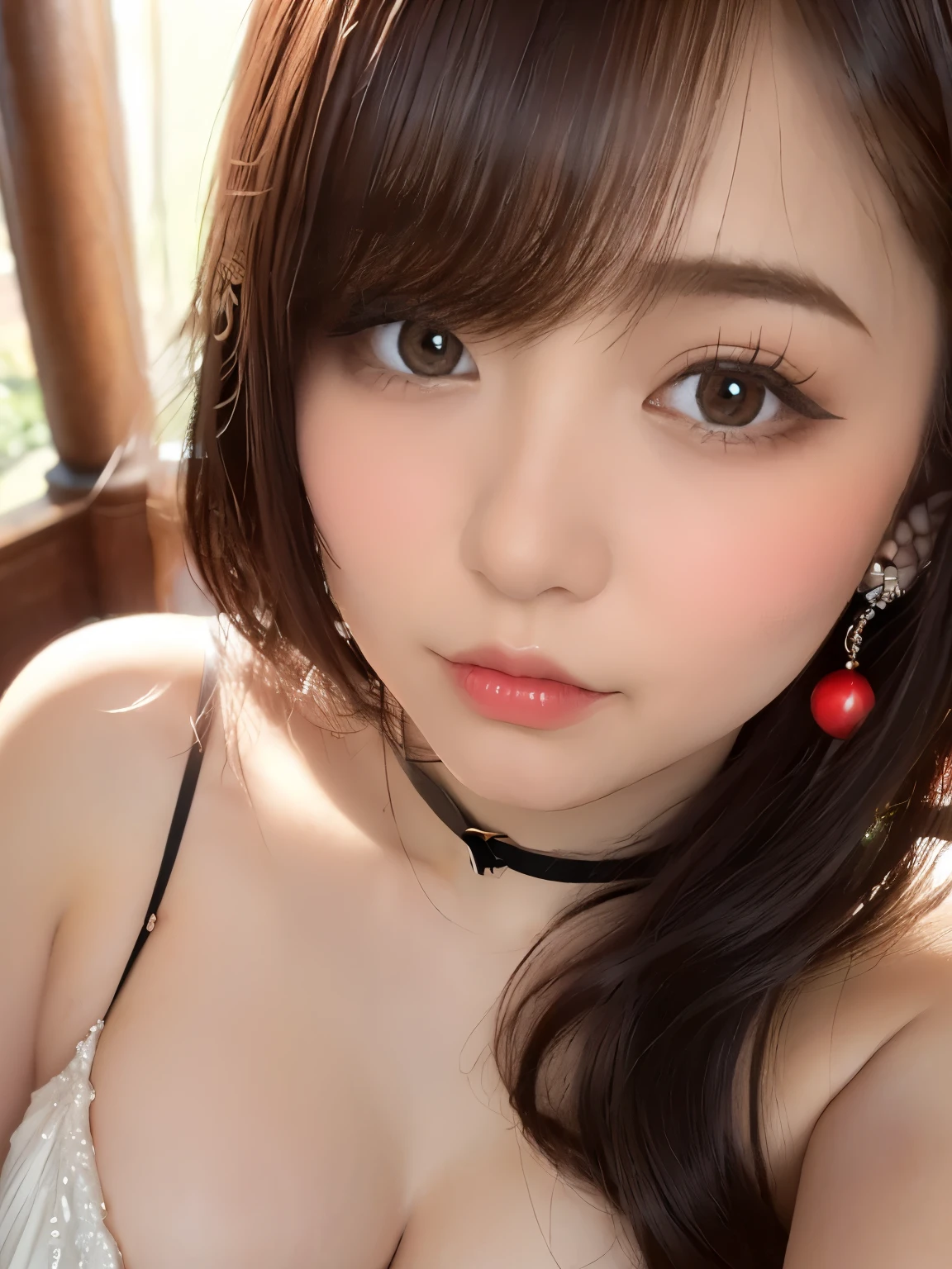 ((best quality, best quality, masterpiece, unusual outfit, portable , 8k hd, super res, Megapixels, surreal, beautiful, Smooth Picture , details, detailsで複雑な, 複雑なdetails, high 複雑なdetails, tremendous number of details)), (elegant, elegant, stylish, elegant, exquisite, Nice, beautiful, elegant, refined , Majestic, Classwoman , wonderful), ( nipples get erect , On the chestピントを合わせて ), close, perfect nose, sharp face, long lashes with plenty of water, full eyebrows , ( plump lips, big eyes), ponytail, , red lipstick, earrings, sexy looks, ( half-open), people kiss while staring at the audience, Big Breasts, plump chest, choker, (((2girls, double pitzle ,double pitzle,penis), (Detailed penis in cleavage))), how, , On the chest,