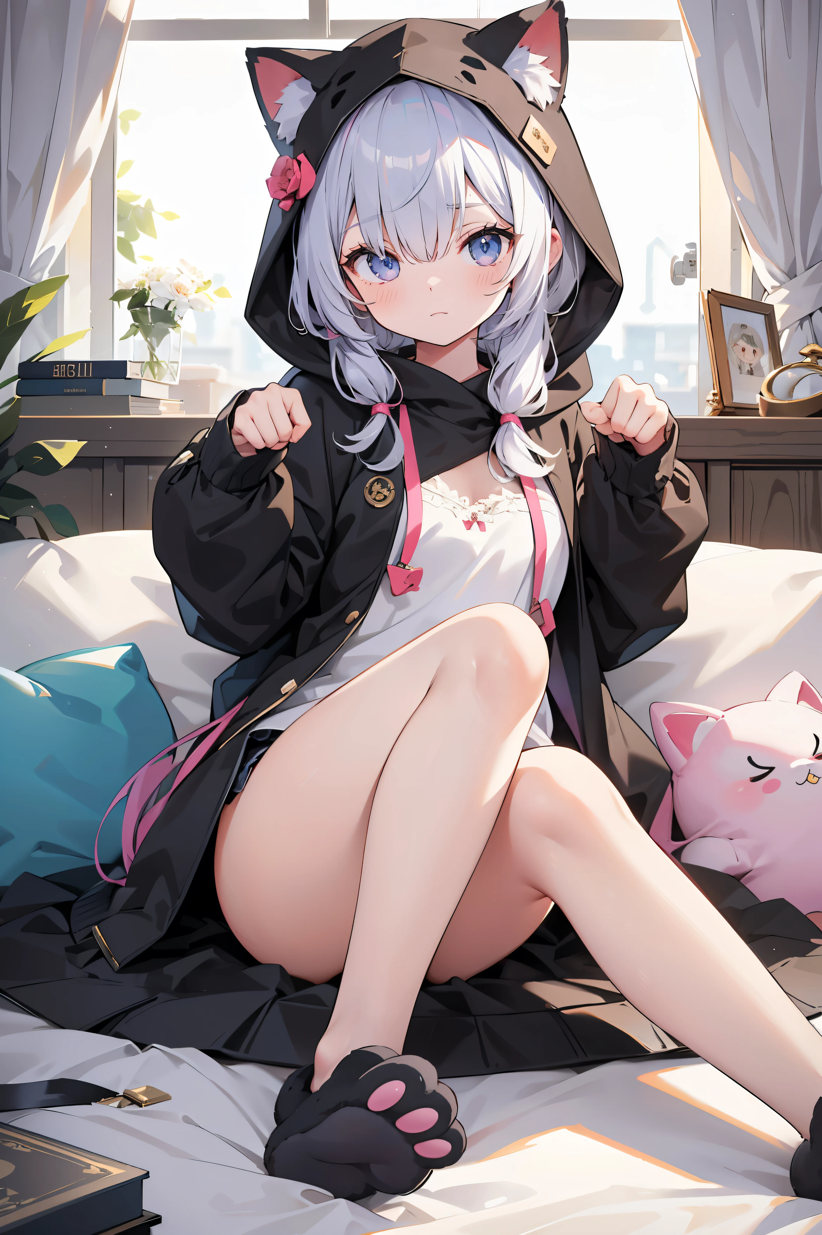 realistic image, coherent image, detailed image, 1 beautiful elf, She has white hair, long hair, turquoise eyes, her face is oval and delicate, Blushing, smiling, she is wearing a long sleeve t-shirt, scarf, denim mini shorts, moccasin type sneakers, small breasts, curvy body, thick thighs, sitting, legs together, snowflake,