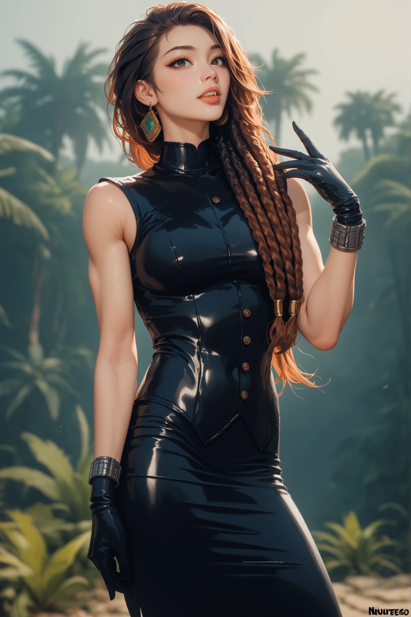 Meisterwerk, hd , great quality, very aesthetic, absurd, high contrast , high color palette , light glare ,neueste,2.5D,volumetric lighting, Sweet, jung, 1 girl, asiatisch, round face, slanted eyes, big eyes, asian girl, Asian eyes, blemish thin lips, normal breasts, soft abs, rote Augen, white strands, ATHLETIC BODY, aztekisch, leather clothing, looks at the viewer, Dreadlocks, shy, Anime shark teeth, Hintergrund: jungle and Aztec ruins, looks like a young Jennifer Lawrence