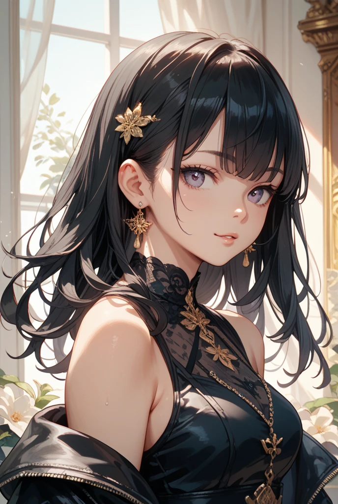 high resolution, Masterpiece, Anatomically correct, precise, qualityที่ดีที่สุด, quality, 1 woman, Age 25 years,Medium length hair, light brown hair, Uneven hairstyles, big breasts, earring, Dark makeup, A thin smile., simple background, Close-up photography, decorations, Anime style, Wearing a black dress,luxurious,Wealth,millionaire,The body looks mature,เครื่องแต่งกายluxurious