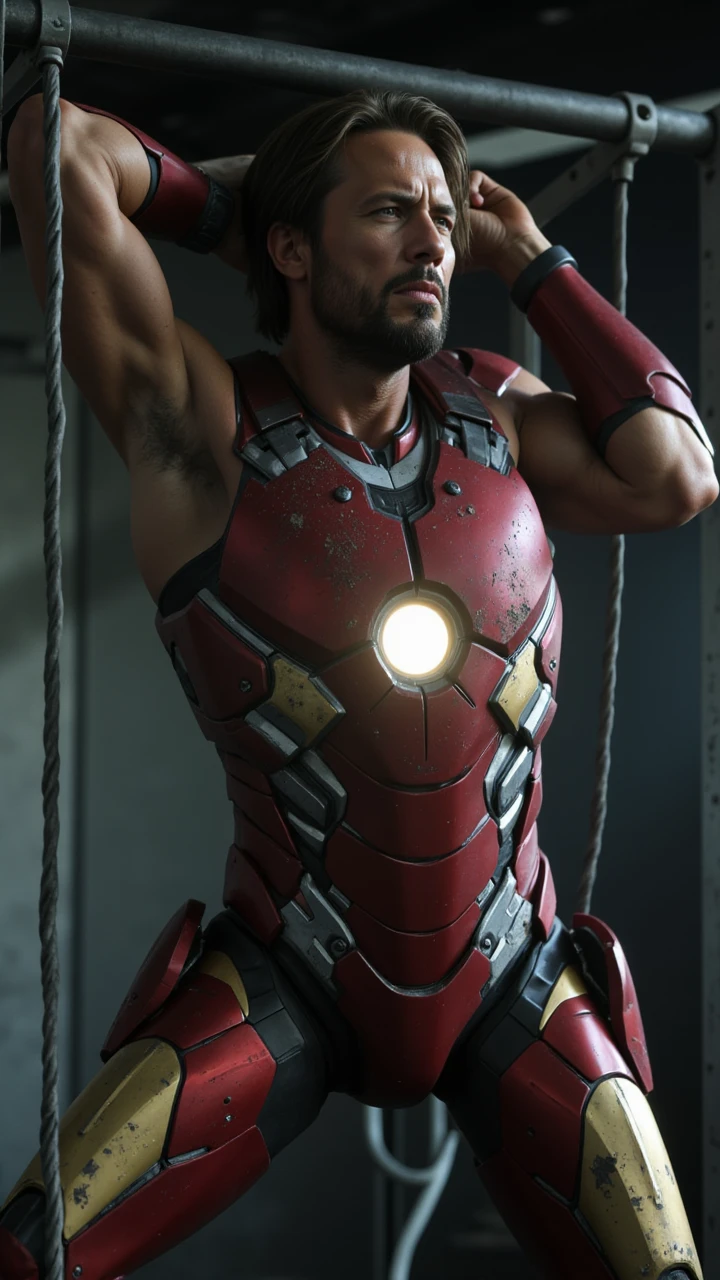 (masterpiece, intricately detailed, highest resolution, best quality:1.2), (doujin), a cocky Latino Instagram influencer,a 24 y.o muscle stud with a muscular physique sitting on a chair with black eyes,dark-skinned male, wearing a ((Ironman inspired costume)), (excessive cum), (cum on body), (cum drip), flaccid penis,saggy balls,hairy chest,vascular,muscle striations,soft light,fantastic realism,