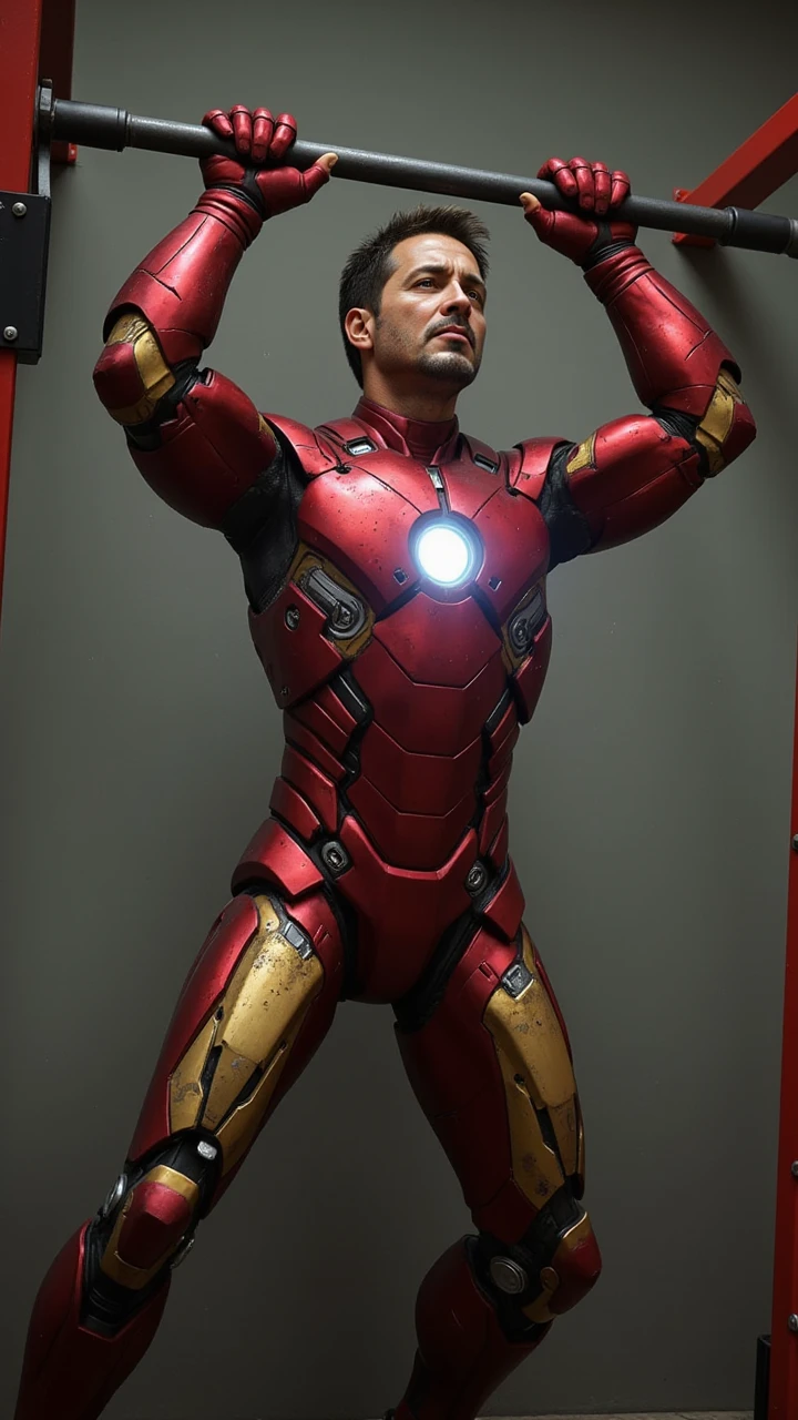 (masterpiece, intricately detailed, highest resolution, best quality:1.2), (doujin), a cocky Latino Instagram influencer,a 24 y.o muscle stud with a muscular physique sitting on a chair with black eyes,dark-skinned male, wearing a ((Ironman inspired costume)), (excessive cum), (cum on body), (cum drip), flaccid penis,saggy balls,hairy chest,vascular,muscle striations,soft light,fantastic realism,