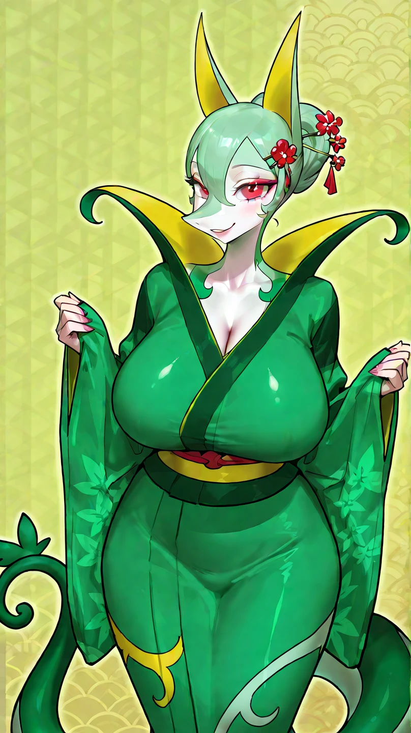 Kanna Blaster Master, floral fauna, female, fully clothed), toon, huge breast, smile, green hair, long dress, full body,