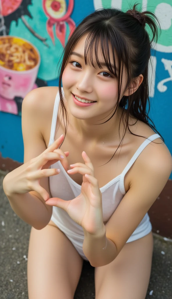 Highest quality, masterpiece, Ultra-high resolution,8k, (Realistic:1.6),((I'm showing my teeth and smiling)) (Close-up portrait:1.4) RAW Photos,((Uniqlo bra top and pleated mini skirt)),((Nipples seem to be visible)),((Full body photo)),1 person,Omotesando,A slim 26-year-old adult woman,((Braided twin tails)),((New Era Cap)),((Looking up at the audience)),Face Focus:1.4,((Photographed from above with a fisheye lens:1.4)),