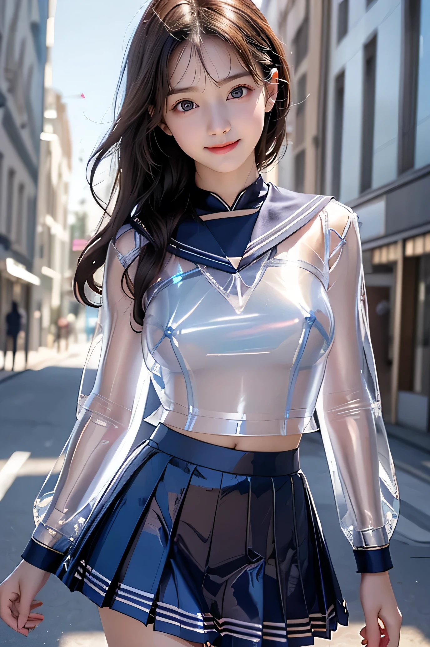 Very beautiful cute girl,(super cute face:1.2),(baby face),(sparking clear attractive large eyes:1.2), Beautiful detailed eyes, Detailed double eyelids, smiling, (realistic photograph:1.1), in the street,
(super shiny transparent sailor high school uniform:1.5),(super shiny metallic blue pleated skirt :1.1),
(brown hair:1.2),professional portrait