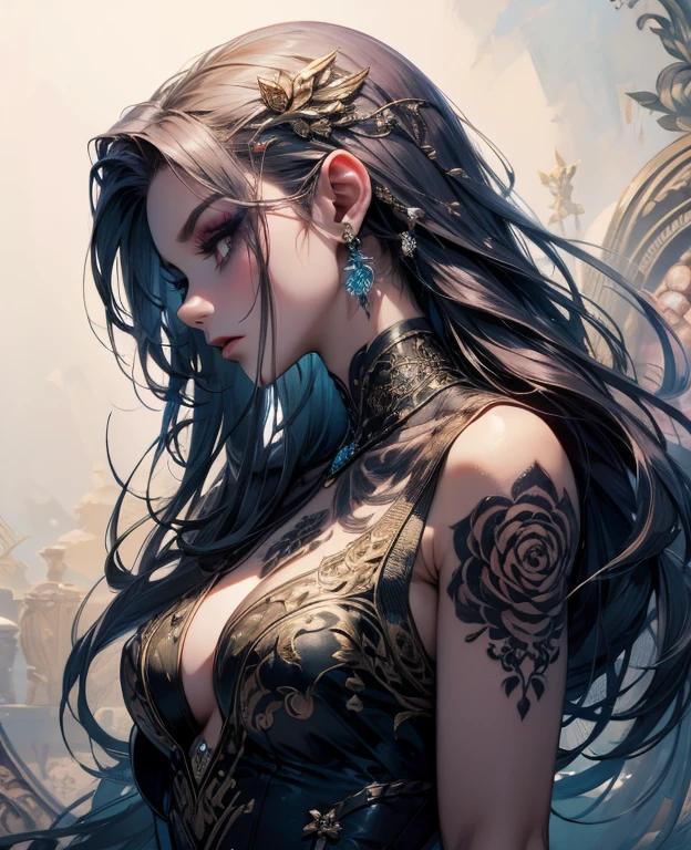 ((highest quality)),(ultra high resolution),(Super detailed),(detailed description),((best CG)),(best work of art),super precision art,amazing drawing art,(Fantasy art with intricate detail:1.5), (woman:1.6),(beautiful and well-shaped face:1.4),(backless:1.6),(Ancestor tattoo on the back:1.5),(Silently watching the prey:1.6), Deep in the dark jungle,