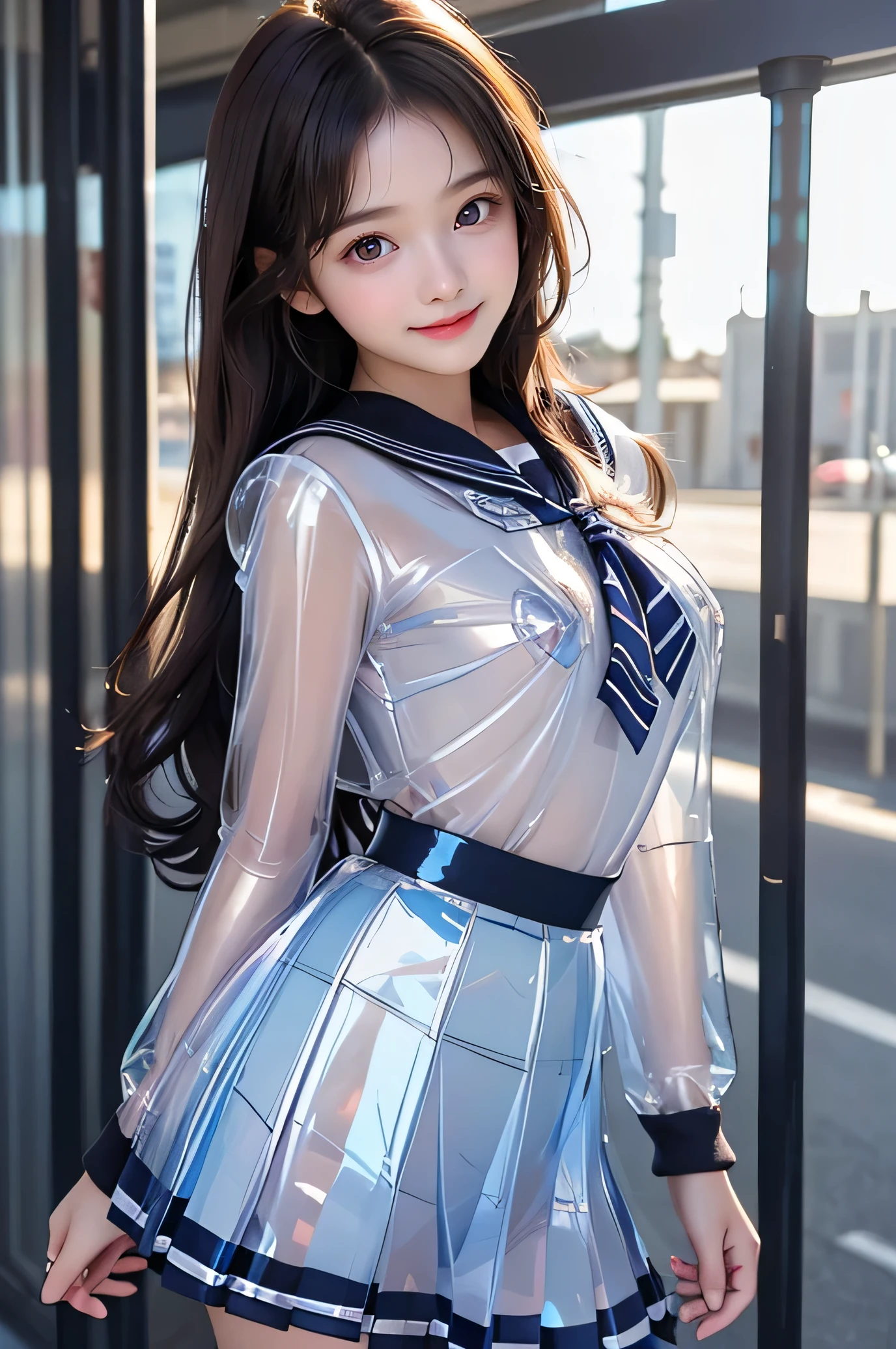 Very beautiful cute girl,(super cute face:1.2),(baby face),(sparking clear attractive large eyes:1.2), Beautiful detailed eyes, Detailed double eyelids, smiling, (realistic photograph:1.1), in the street,
(super shiny transparent sailor high school uniform:1.5),(super shiny metallic transparent blue pleated skirt :1.1),
(brown hair:1.2),professional portrait