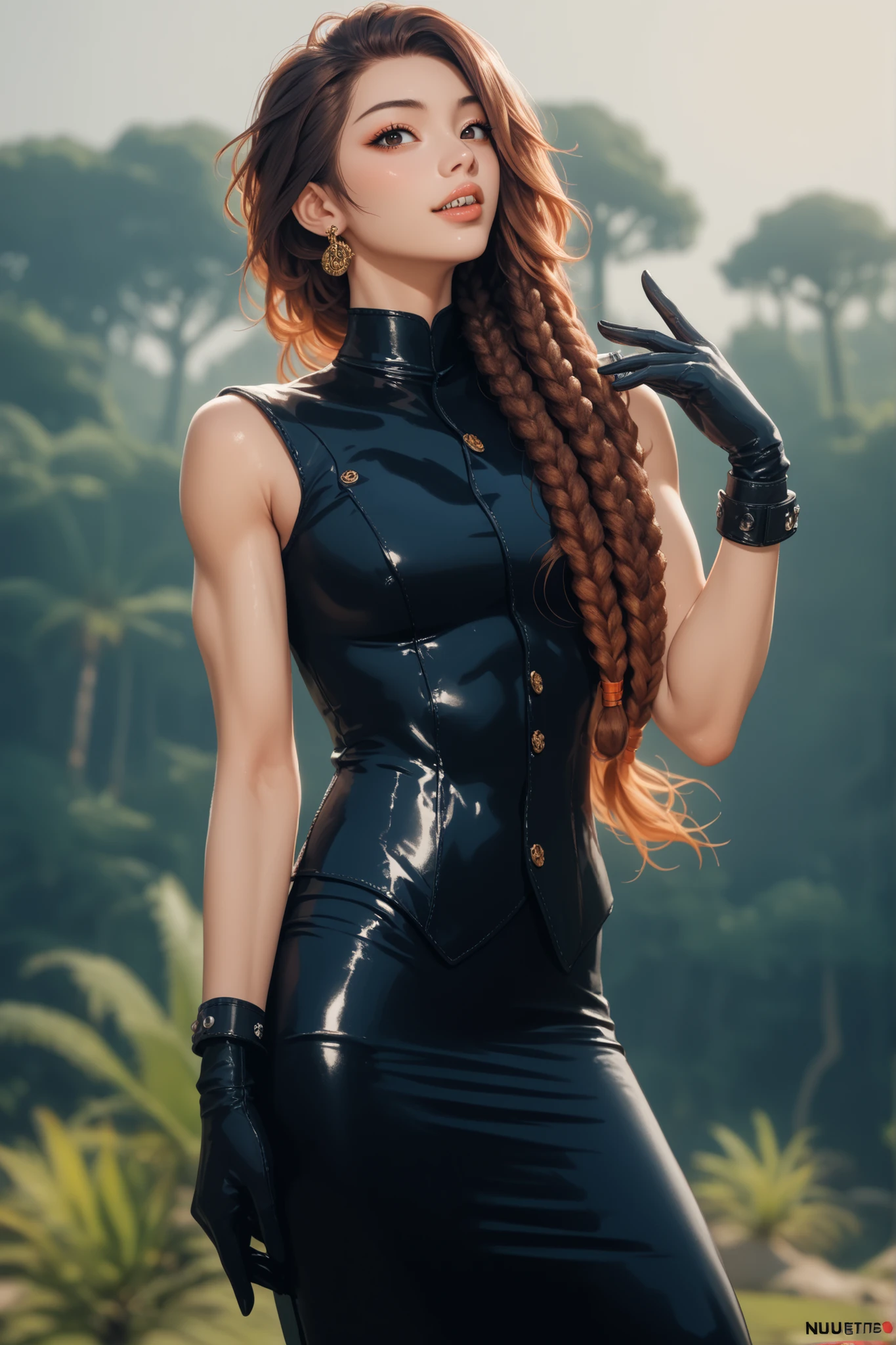 Meisterwerk, hd , great quality, very aesthetic, absurd, high contrast , high color palette , light glare ,neueste,2.5D,volumetric lighting, Sweet, jung, 1 girl, asiatisch, round face, slanted eyes, big eyes, asian girl, rote Augen, Asian eyes, blemish thin lips, normal breasts, soft abs, rote Augen, white strands, ATHLETIC BODY, aztekisch, leather clothing, looks at the viewer, Dreadlocks, very shy, Anime shark teeth, Hintergrund: jungle and Aztec ruins, looks like a young Jennifer Lawrence, looks at the viewer