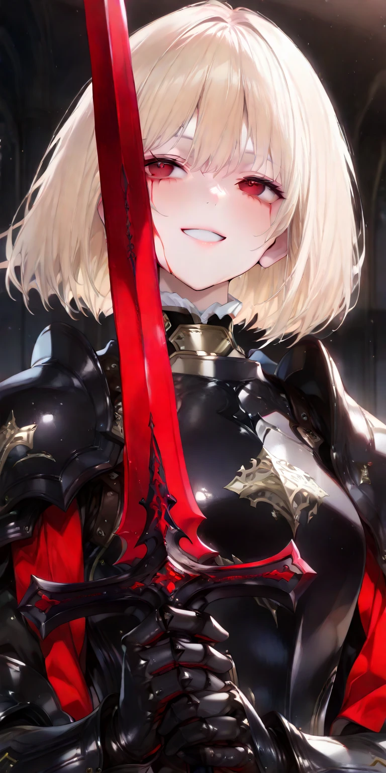 Highest quality, 8k, 4K, High resolution, High Contrast,1girl,only,Beautiful colorful hair,Half Up Hair,(Beautifully detailed face),Red, clear eyes, beautiful eyes, The upper body is visible,20generation, Beautiful breasts, Gothic, knight armor, Ancient City, Beautiful background, Dynamic Pose
