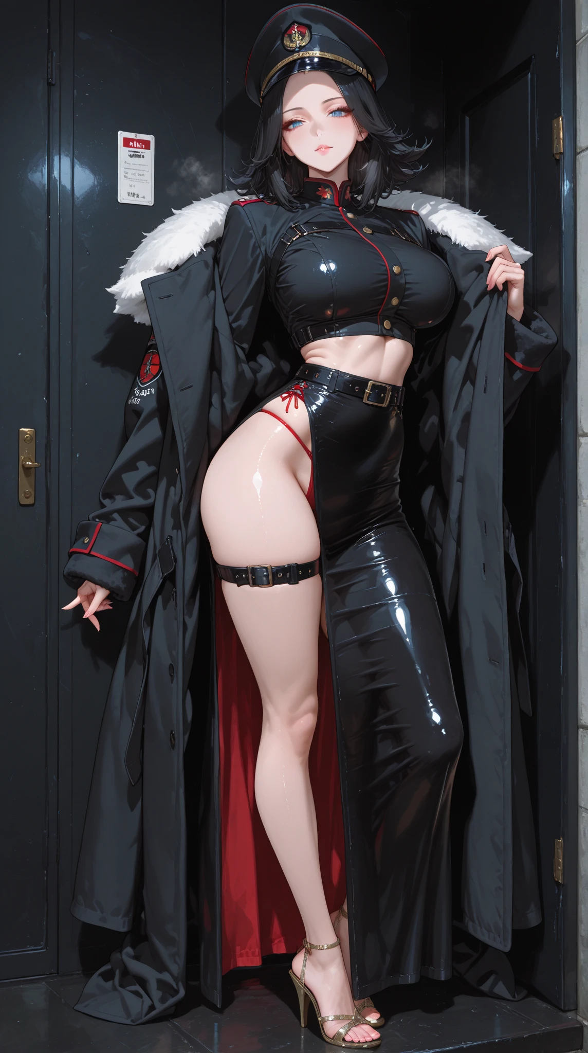 (masterpiece, best quality, photorealistic, cinematic, ultra-detailed), (wide shot, full body, from behind), perfect anatomy, perfect eyes, perfect hands, (large breasts, bursting breast:1.2), long round legs, 1 voluptuous girl, ((nude)), ((only wearing a sleek, charcoal-gray hooded jacket that falls to mid-thigh, the jacket is made from a blend of high-tech waterproof fabric and soft faux leather, the hood is lined with a contrasting deep maroon velvet material, adding a touch of luxury, the jacket has minimalistic silver zipper details and slim, angular pockets on the sides)), the model's hair is styled in loose, tousled waves that cascade down her shoulders and back, (long and sleek red hair, with bangs), wears a delicate silver pendant necklace with a small amethyst gemstone, on her wrist, she has a slim maroon leather bracelet that complements the jacket's hood lining, her ears feature small silver hoop earrings that catch the light