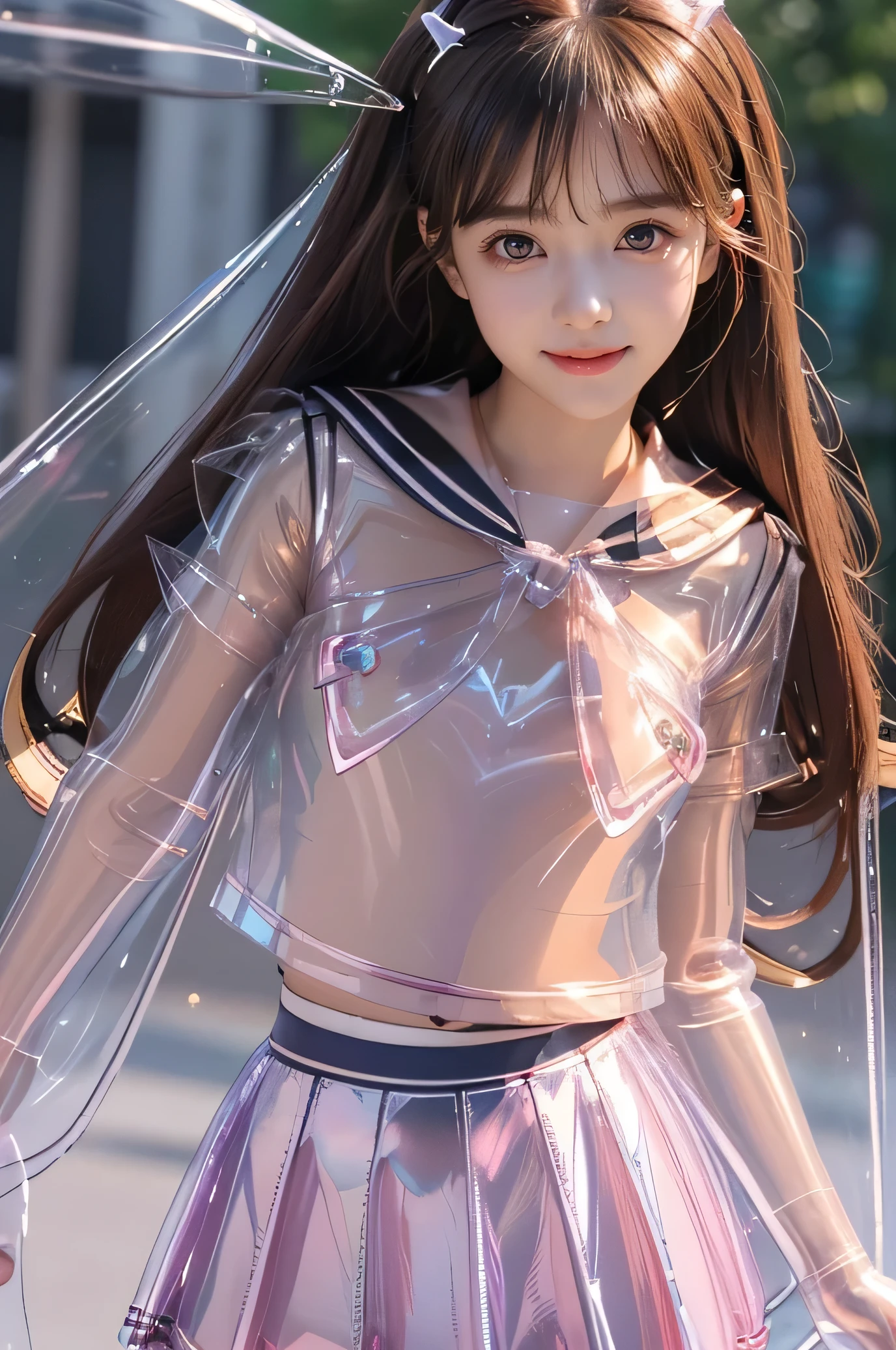 Very beautiful cute girl,(super cute face:1.2),(baby face),(sparking clear attractive large eyes:1.2), Beautiful detailed eyes, Detailed double eyelids, smiling, (realistic photograph:1.1), in the street,
(super shiny transparent sailor high school uniform:1.5),(super shiny metallic transparent red pleated skirt :1.1),
(brown hair:1.2),professional portrait