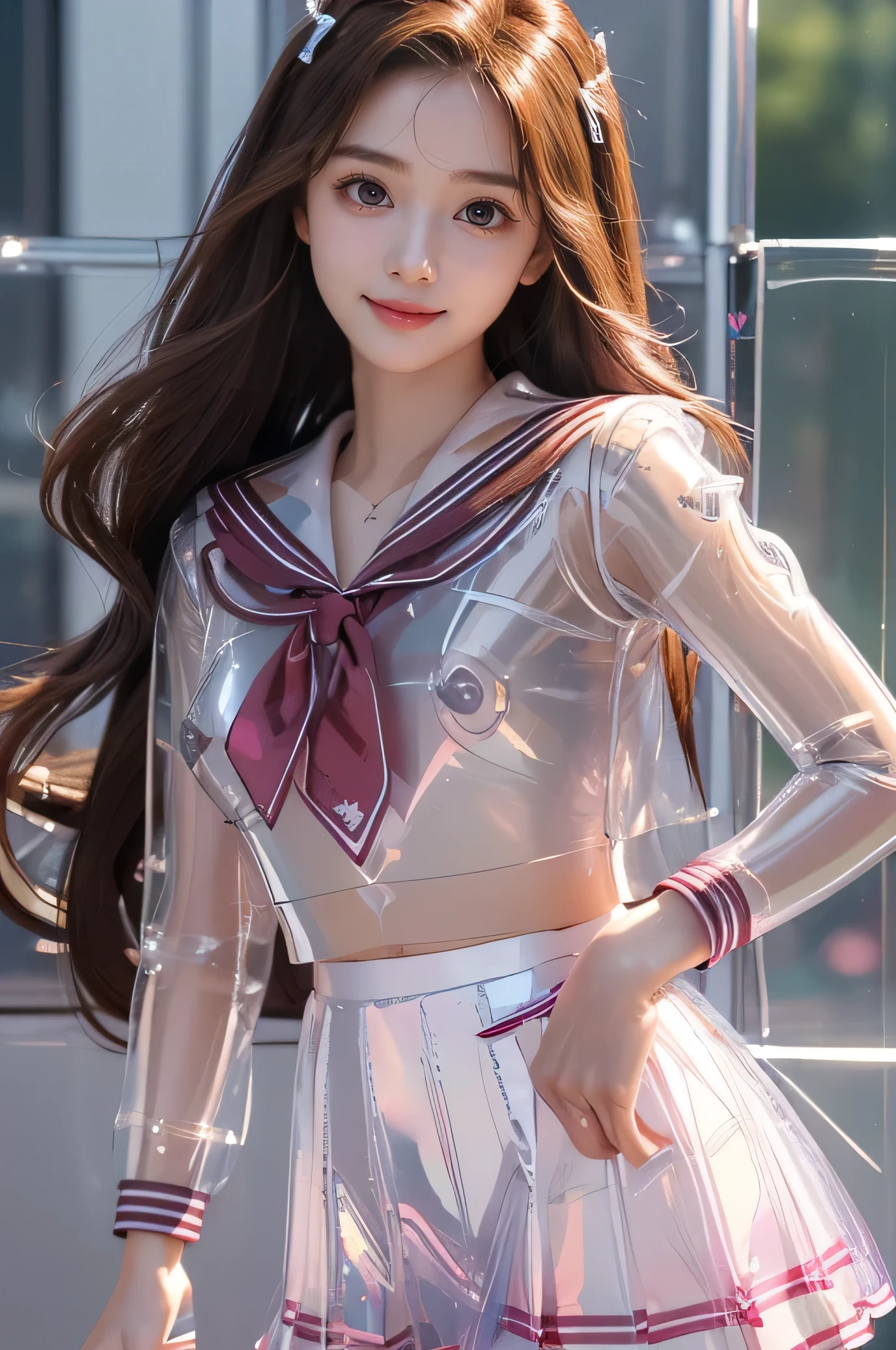 Very beautiful cute girl,(super cute face:1.2),(baby face),(sparking clear attractive large eyes:1.2), Beautiful detailed eyes, Detailed double eyelids, smiling, (realistic photograph:1.1), in the street,
(super shiny transparent sailor high school uniform:1.5),(super shiny metallic transparent red pleated skirt :1.1),
(brown hair:1.2),professional portrait