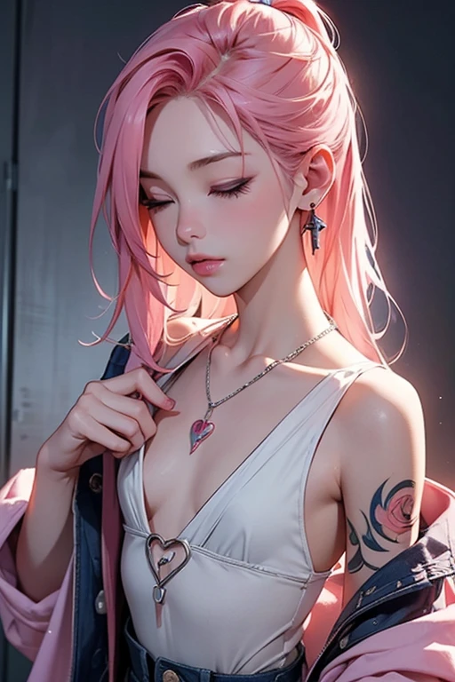 Cool women、sexy、Center of chest、Rize from Chainsaw Man、beauty、Yandere、、Face close-up、Kiss with your eyes closed、Chest tattoo、Christian Dior Necklace、(Background white)、(ponytail)、((Pink Hair))、((Looking down)).