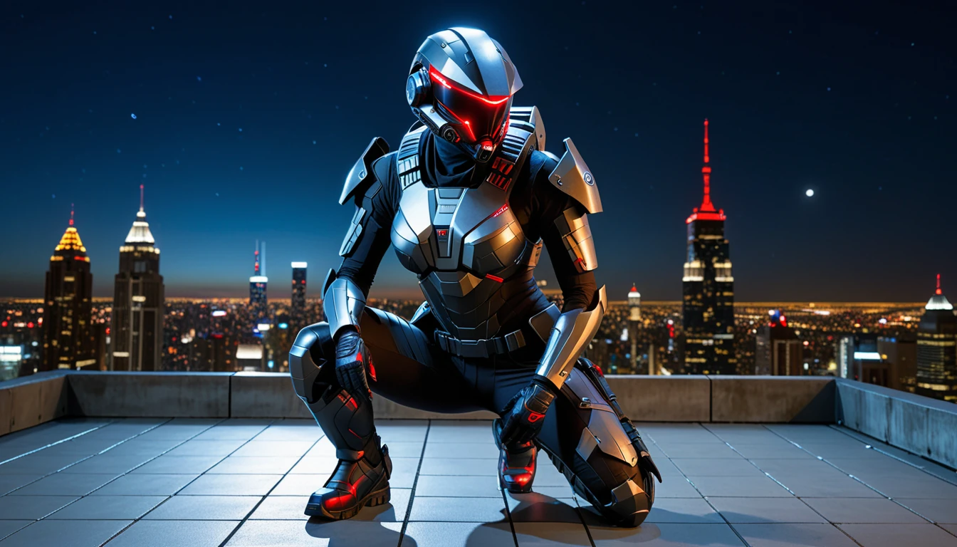 4k full body portrait of a beautiful blond woman fashion model in mecha android armored suit holding an assault rifle, state of the art helmet with white trimming around the suit, official balmain editorial, dramatic lighting highly detailed, las vegas city in the background, ultra-realistic, film grain.
