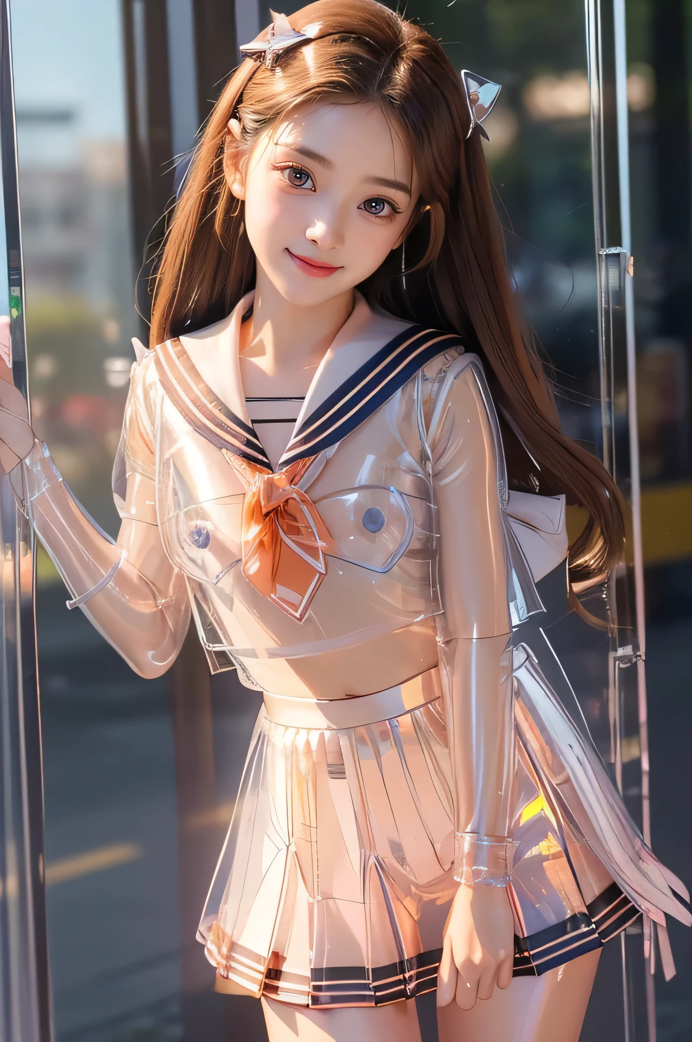 Very beautiful cute girl,(super cute face:1.2),(baby face),(sparking clear attractive large eyes:1.2), Beautiful detailed eyes, Detailed double eyelids, smiling, (realistic photograph:1.1), in the street,
(super shiny transparent sailor high school uniform:1.5),(super shiny metallic transparent orange pleated skirt :1.1),
(brown hair:1.2),professional portrait