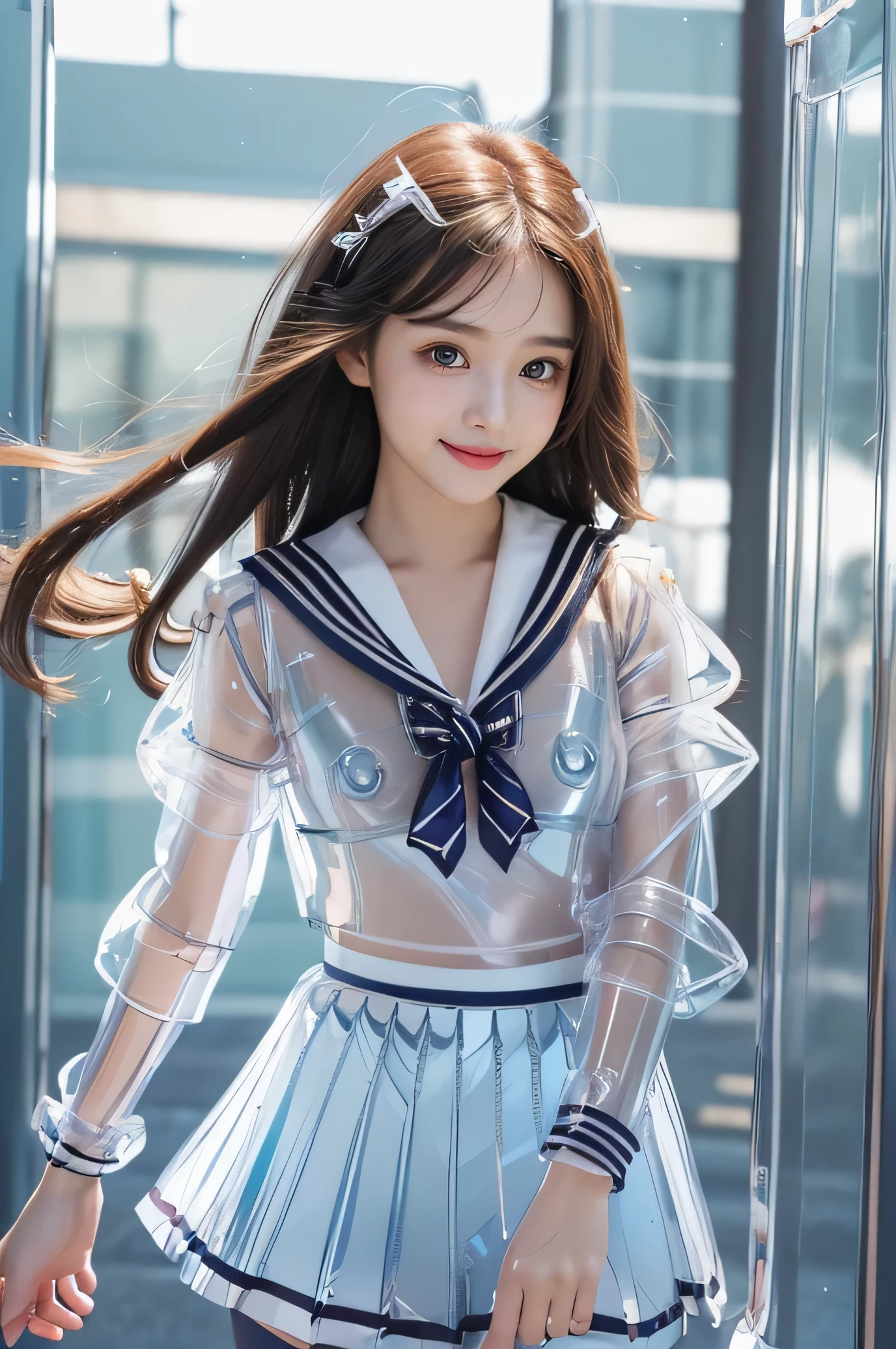 Very beautiful cute girl,(super cute face:1.2),(baby face),(sparking clear attractive large eyes:1.2), Beautiful detailed eyes, Detailed double eyelids, smiling, (realistic photograph:1.1), in the street,
(super shiny transparent sailor high school uniform:1.5),(super shiny metallic transparent turquoise pleated skirt :1.1),
(brown hair:1.2),professional portrait 