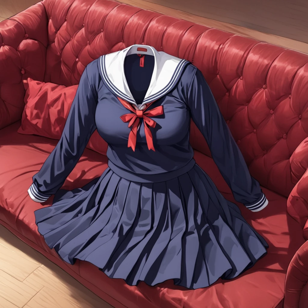 (invisible:1.5, no humans:1.5, headless:1.5, faceless:1.5), (sailor school uniform, long sleeve, on sofa:1.2), (big breast), detailed cloth texture, detailed anime, super fine illustration