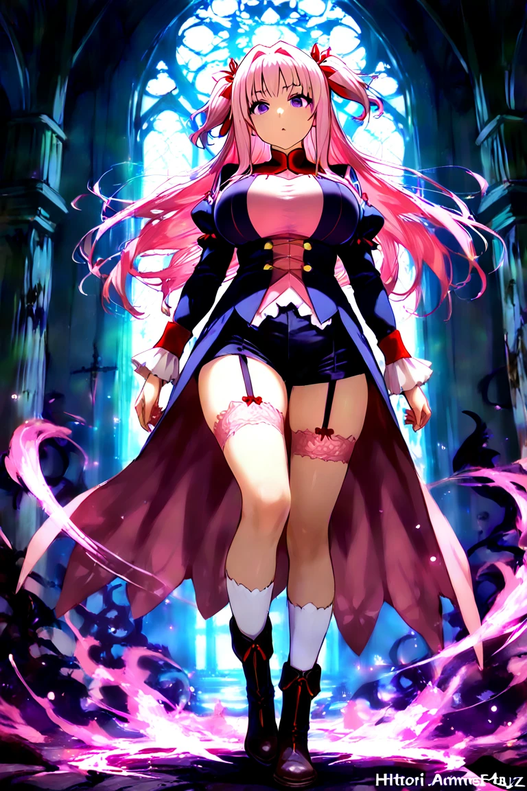 female, blue messy long hair, hazel eyes, dark skin, (((1girl))), (((blue and black dress with pink trim))), (blue sleeves), (black thigh high heeled boots), cute and sexy, full body, modest breasts, long legs, smirking