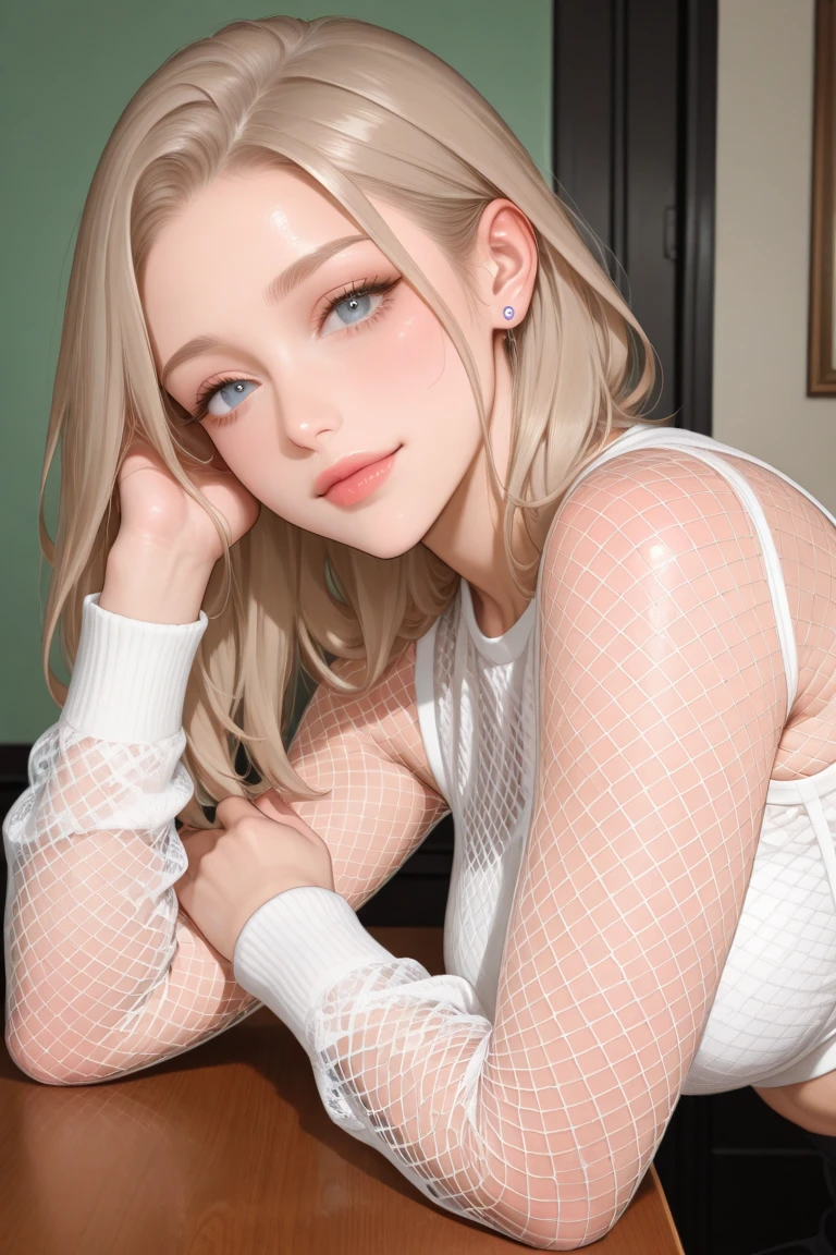 (best quality, 8k, highres, photorealistic:2.0), (solo, one girl:2.0),(lighting: front),(lighting: strong),(ultimate beautiful girl:2.0),(shiny skin:1.5),(oily skin:1.5),(platinum blonde hair:1.5),Blush brown makeup , dark eye makeup , use pink glossy lipstick,(big eyes girl:1.5),(girl amazing sex appeal:1.5),(woman crawling on all fours:1.5),(Woman crawling on all fours on a clean bed:1.5),(A woman smiling at the viewer),(Wearing a t-shirt and tight leggings:1.5)