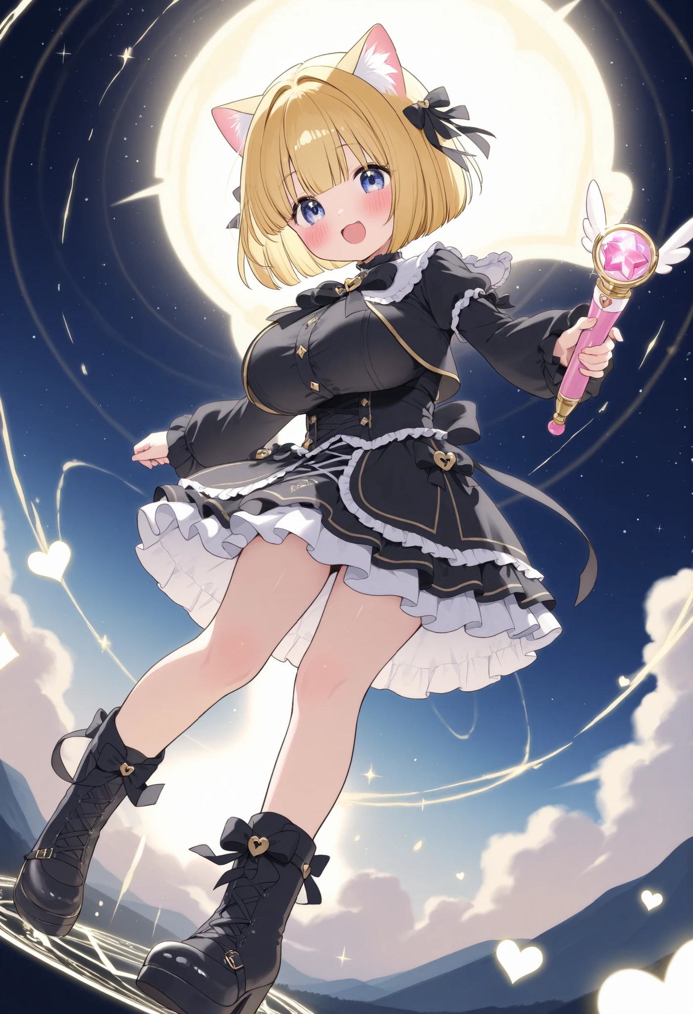 blond cat ears、bob cut blonde hair、 popup、gothic ta clothes、gold decoration、starry sky 、big breasts、blush、diamond decoration glitter、thick magic wand、Magic Circle of Hearts