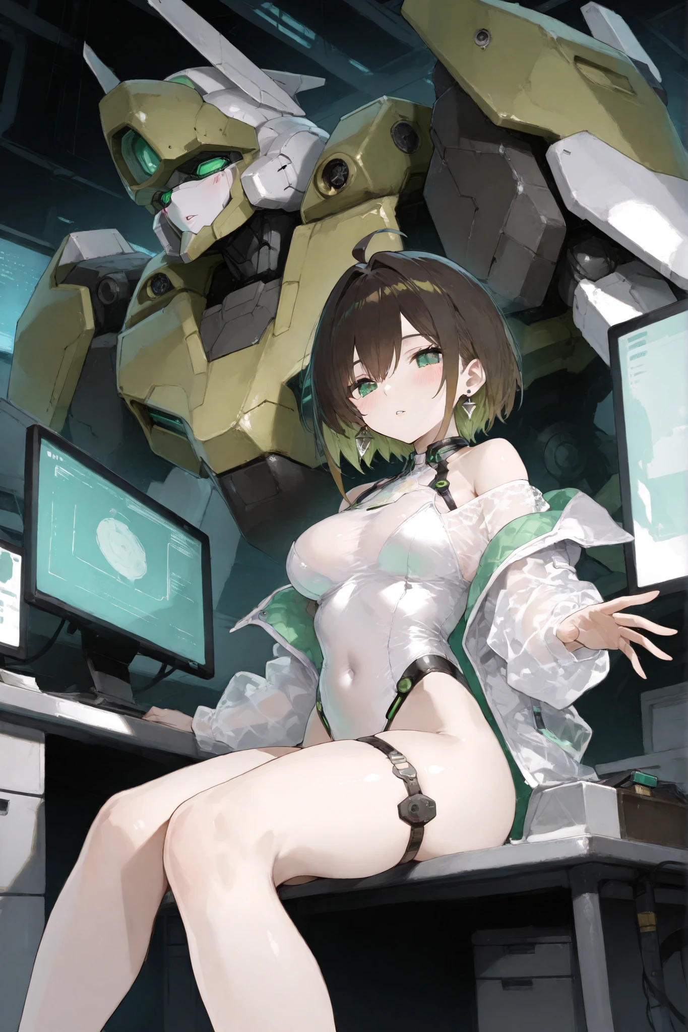 martian space ship, ufo, ((gorgeous female martian doctors, green skin)) in medical exam room, {(hot human asian woman tied to table)}, space, scifi background,