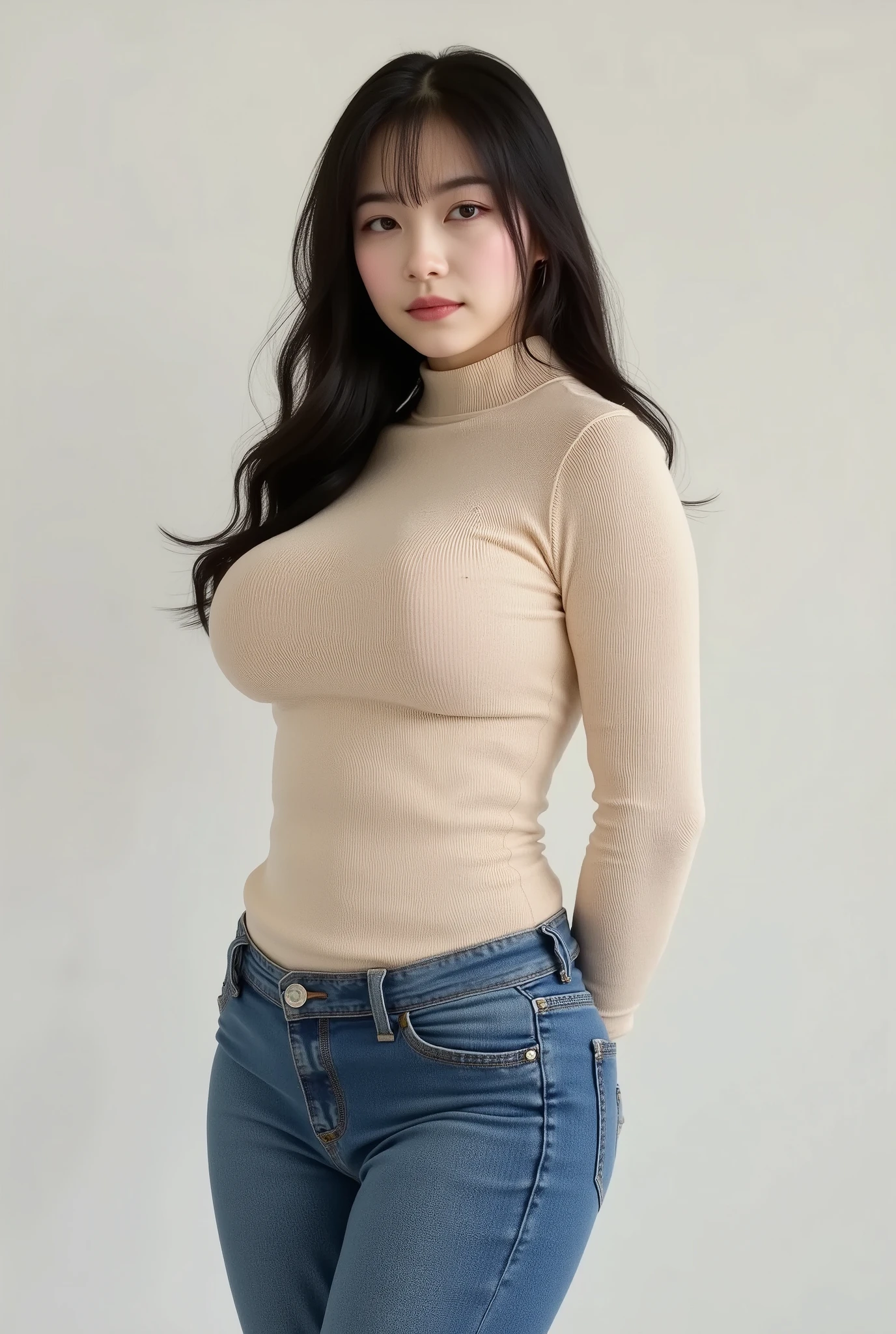 Bodycon knit 、 jeans、Japanese、 college student 、female、full body、long hair、The color of the knit is beige、cross your arms behind your back、have big breasts