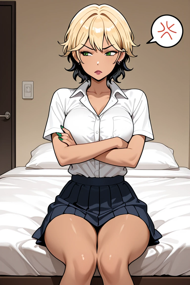 (masterpiece:1.3), high resolution, ultra detailed, (intricate details:1.12), ultra clarity, perfect anime style ilustration, highly detailed beautiful body and hands, realistic glistening skin, detailed cloth texture, extremely detailed clothing, detailed hair texture, Perfect body, accurate, Anatomically correct, natural number of limbs, natural number of fingers, (5 fingers per hand, five fingers per hand), delicate fingers, Highly detailed skin texture, delicate facial features, simetric eyes, natural neck length, (beautiful hands), (fair skin:1.2),
BREAK,
(1 girl, milf), (bakumilf, mitsuki bakugo), (blonde spiky hair), (round face), (red eyes), (Glossy lips), (thick thighs), (Thin feet), (large breasts), (skirt), (white shirt), (seductive smile),
BREAK,
((Focus on thighs:1.2)), (dynamic pose), (dynamic angle and perfect perspective), incredible composition, amazing depth, imposing, meticulously composed, detailed ilustration, (cowboy shot),
BREAK,
(night), (indoors), (((Sitting at the edge of the bed with the lights off getting ready to sleep))), (extremely high detailed background), (complex background), (denoising:0.6), ((soft light refraction)), exquisite details