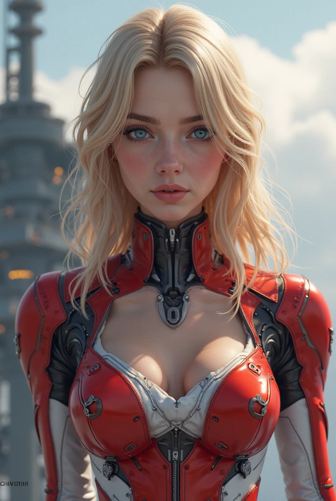 (Masterpiece.uhd.photorealistic).((Fisheye 5mm lens)) ((high angle shot)) medium full shot.One ultra hot gorgeous European woman. Age 23. She’s a playmate and men magazine model.blonde wavy hair. High quality,Movie Light, full body, she’s standing in front of (a giant robot:1.3)，she wears red shorts and black jacket, flirts with camera. ((At night. Neons)) BREAK
Perfect ???????.
perfect hair.
perfect breast.
perfect body.
perfect hands.
perfect face.
perfect eyes.
accurate.