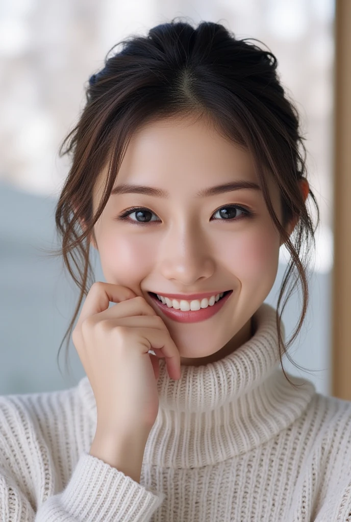 highest quality, masterpiece, ultra high resolution, (realistic:1.4), (close portrait) Raw photo, 1 girl, 22 years old,(((business suit))),((long hair chignon)),masterpiece, realistic pictures, japanese pictures, fuji negative film, saturation, contrast, Pocari Sweat Advertisement ((small breasts)),((smiling showing teeth)),,brown hair,