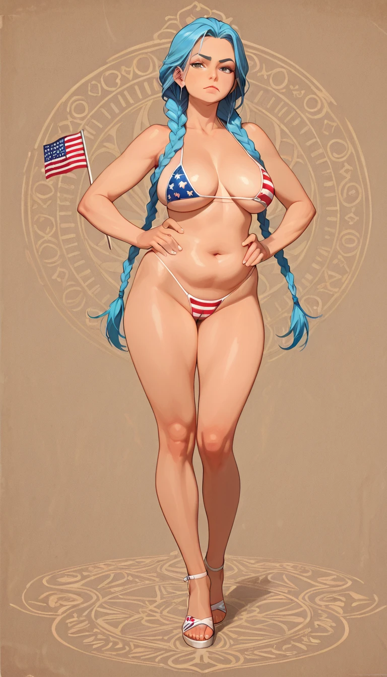 a beautiful biracial woman in american flag bikini, lots of flag and united states of america colours, firworks in the sky, american city, blue hair, blue light eyes, extremely detailled full body photo