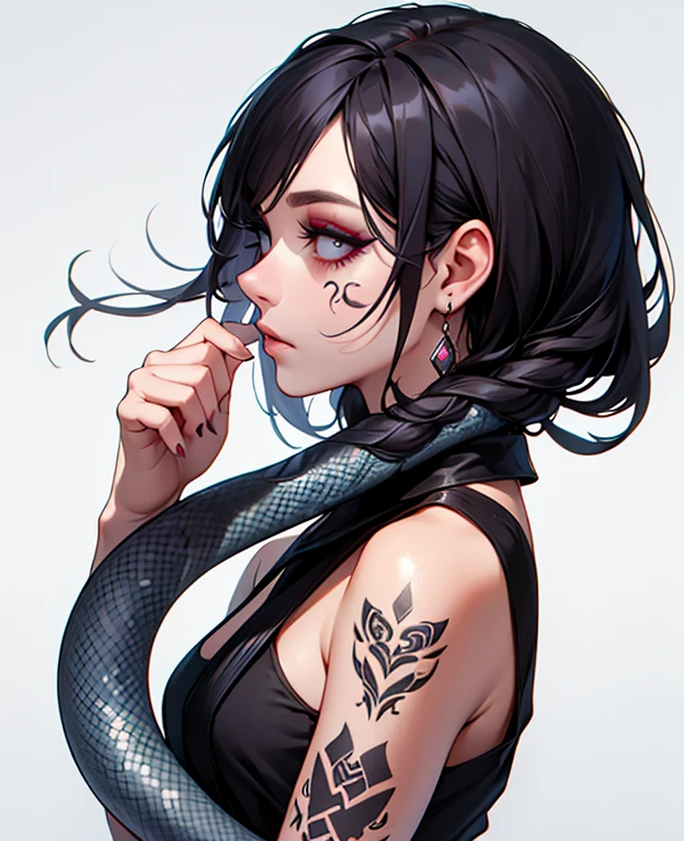 realistic and adult anime character with very pale and white skin, gloomy face, black hair covering the eyes and with a bun, snake tongue sticking out of the mouth and dark purple makeup around the eyes --auto