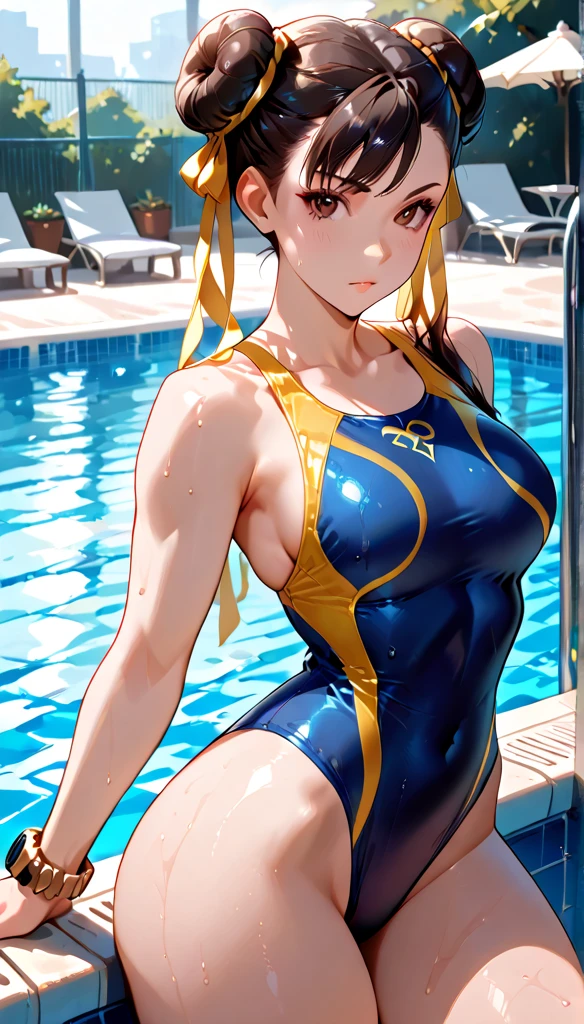 Top image quality、top-quality、8K picture quality、nsfw、1girll、full body Esbian、Haze、A smile、embarrassed from、red blush、Beautiful fece、light brown hair、poneyTail、(Tie your hair with a yellow ribbon:1.2)、Colossal tits、(Gold Metallic:1.4)、(Sleeveless)、(High neck competitive swimsuit)、(highleg)、(Crotch penetration)、(pin heels)、Squatting on the ground、(Open your crotch wide from side to side)、(fellatio_gesture:1.3)、gazing at viewer、((Face the viewer))、((Show viewers your crotch)) 、((Frontal shot))、in poolside、profetional lighting、professional photograpy