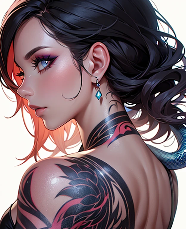 There is a woman with a tattoo on her back and a tattoo on her arm, Ivan Talavera and Artgerm style, beautiful digital art, Raymond Swanland style, epic digital art illustration, Alena Aenami and Artgerm, Zenescope, by Marek Okon, artgerm Julie Bell Beeple, intricate body, sharp focus on the eyes, ((background blur)), 8K, Unreal Engine 5, thick arms, (((thick legs)))