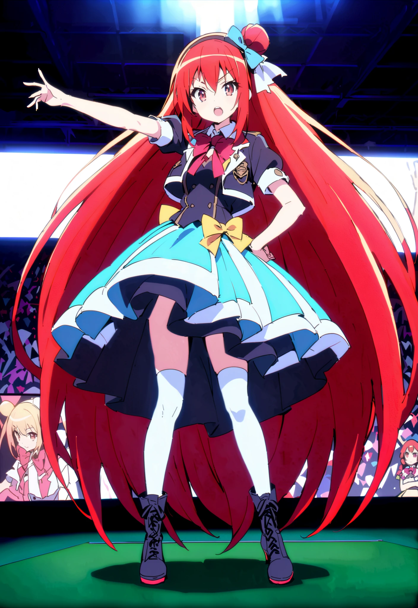 score_9, score_8_up, score_7_up, source_anime,Shana, very long hair, red hair, red eyes, stupid hair, small ,idol costume, dress,collared dress,jacket,cropped jacket,Short sleeve,bowtie,bow,button, are on top of the decoration ,standing,Dancing,(white thigh knee-highs:1.2),boots,アイドルsingerがライブ ステージで熱狂的に歌うシーンのillustrations,アイドルsingerが ステージ中央にstanding, An idol singer sings with a microphone , The idol singer is serious and impressive ,singer'The voice is powerful and beautiful . , fans gather around the stage , ファンが歌って踊る アイドルsinger アイドルsingerが何かをする ,The Big Picture, Various colored lights ,full bodyがillustrationsに入るように,break indoors, Concert Hall,
break looking at viewer,full body,
break (masterpiece:1.2), best quality, high resolution, unity 8k 壁紙, (illustrations:0.8), (later:1.6), Highly Detailed Face, so that it fits into the illustrations, Highly Detailed CG,full body photo, (perfect hand in h, perfect anatomy),